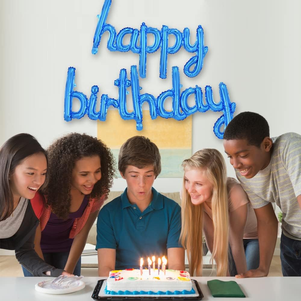 TONIFUL Blue Happy Birthday Balloons Banner, 16 Inch Mylar Foil Script/Cursive Letters Birthday Sign Banner Balloon Reusable Material for Girls Boys Kids & Adults Birthday Decorations