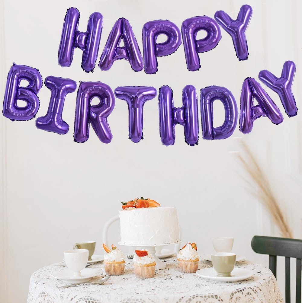 TONIFUL Purple Happy Birthday Balloons Banner 16 Inch Mylar Foil Letters Birthday Sign Banner Bunting Reusable for Girls Boys Kids & Adults Birthday Decorations and Halloween Party Supplies