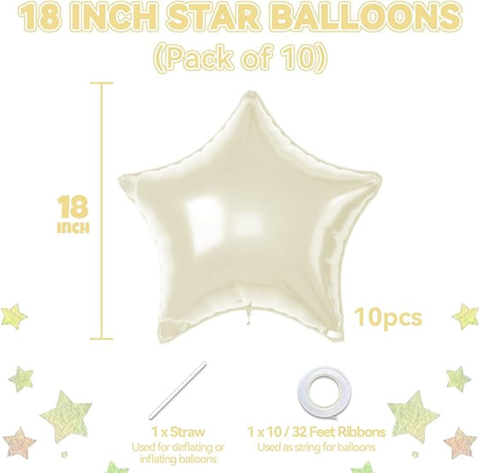 Cream Star Foil Balloons, 10PCS Cream White Foil Stars Shape Balloons, 18 Inch Beige Aluminum Balloon for Helium Pentagram Balloon for Birthday, Anniversary, Graduation, Baby Shower Party Decoration