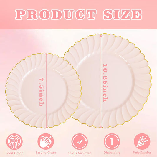 YOUBET 60PCS Pink Scalloped Plastic Plates - Hard Pink and Gold Fancy Disposable Plates include 30 Gold Dinner Plate, 30 Dessert Plate for Party & Wedding & Baby Shower