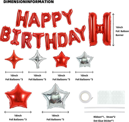 TONIFUL 35PCS Red Happy Birthday Decorations Kit 16 Inch Happy Birthday Balloon Banner with Star Balloons Mylar Foil Birthday Party Decorations Supplies for Men Women Adults Girls Boys Kids