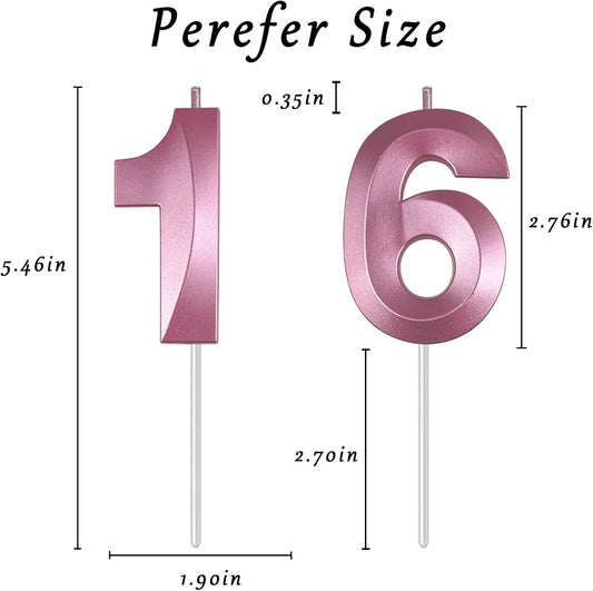 Pink Number 16 Candles, 3D Diamond 2.76 Inch Cake Topper Birthday Candles for Wedding Anniversary Cake Decorations, Happy Birthday Party Decorations