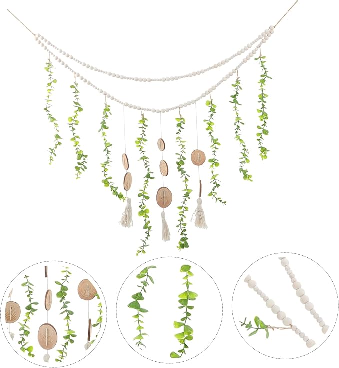 Hanging Photo Display Wall Decor Wooden Beads Garland Stylish Eucalyptus Leaves Design Versatile Picture Holder for Bedroom and Living Room Decor