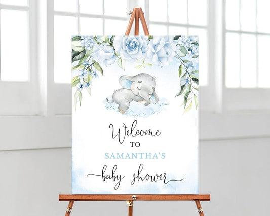 Editable Blue Boy Elephant Baby Shower Welcome Signs, Blue Floral Elephant Welcome to Baby Shower Printable, Personalized Welcome Signs for Baby, Plastic Sign, Baby Shower Decoration for Boys
