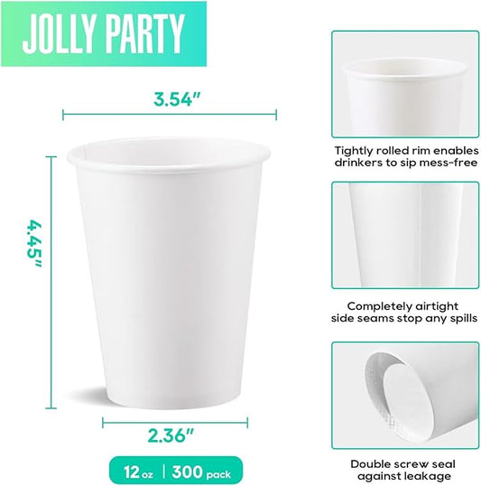 JOLLY PARTY 300 Pack 12 oz Disposable Paper Coffee Cup, Hot/Cold Beverage Drinking Cups for Water, Paper Coffee Cups, White Hot Coffee Cups