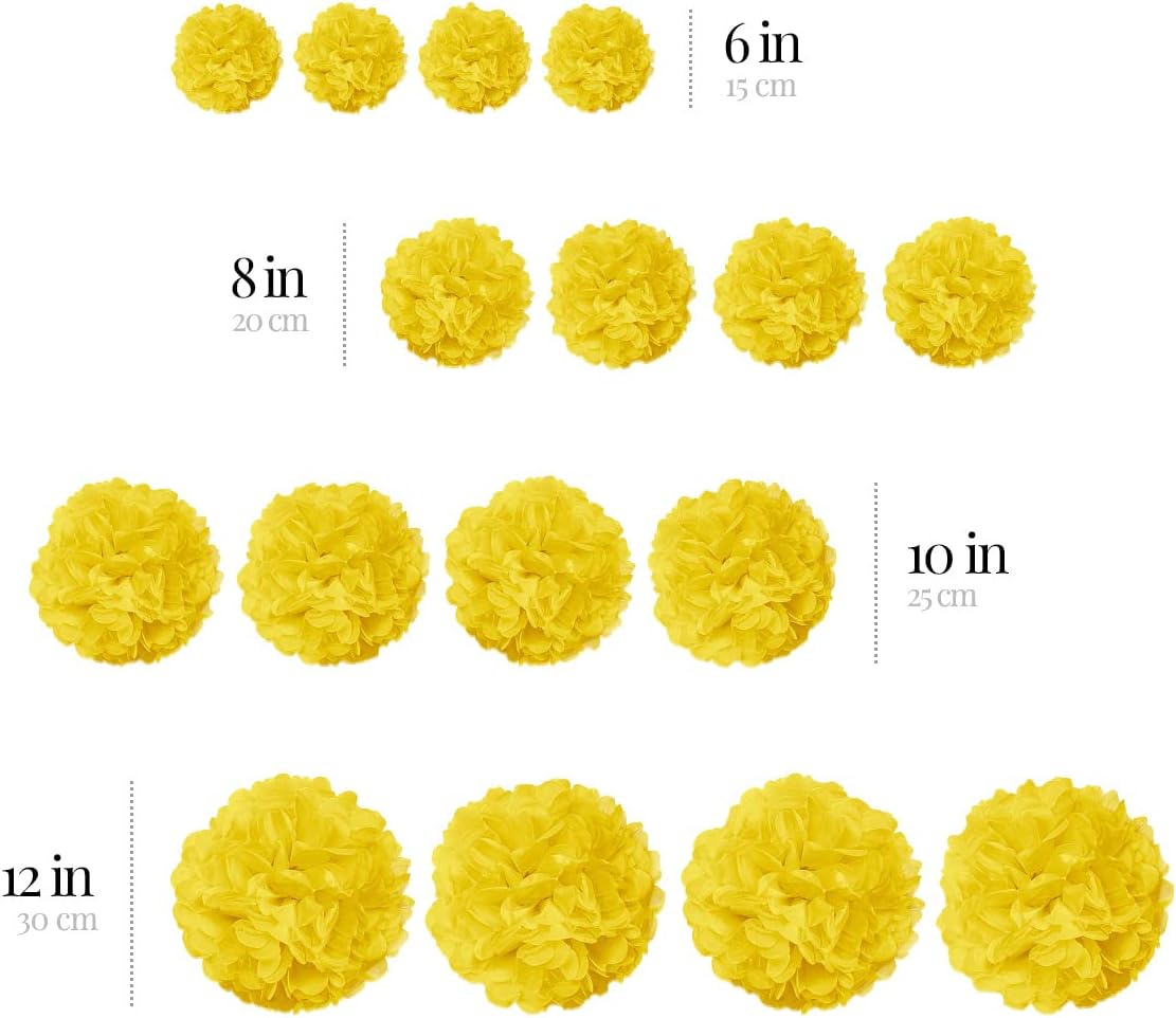 Yellow Tissue Paper Pom Poms - Lemon Yellow Party Decorations for Birthdays, Weddings, Baby Showers and Special Occasions by Avoseta (16 Piece Set, Assorted Sizes)