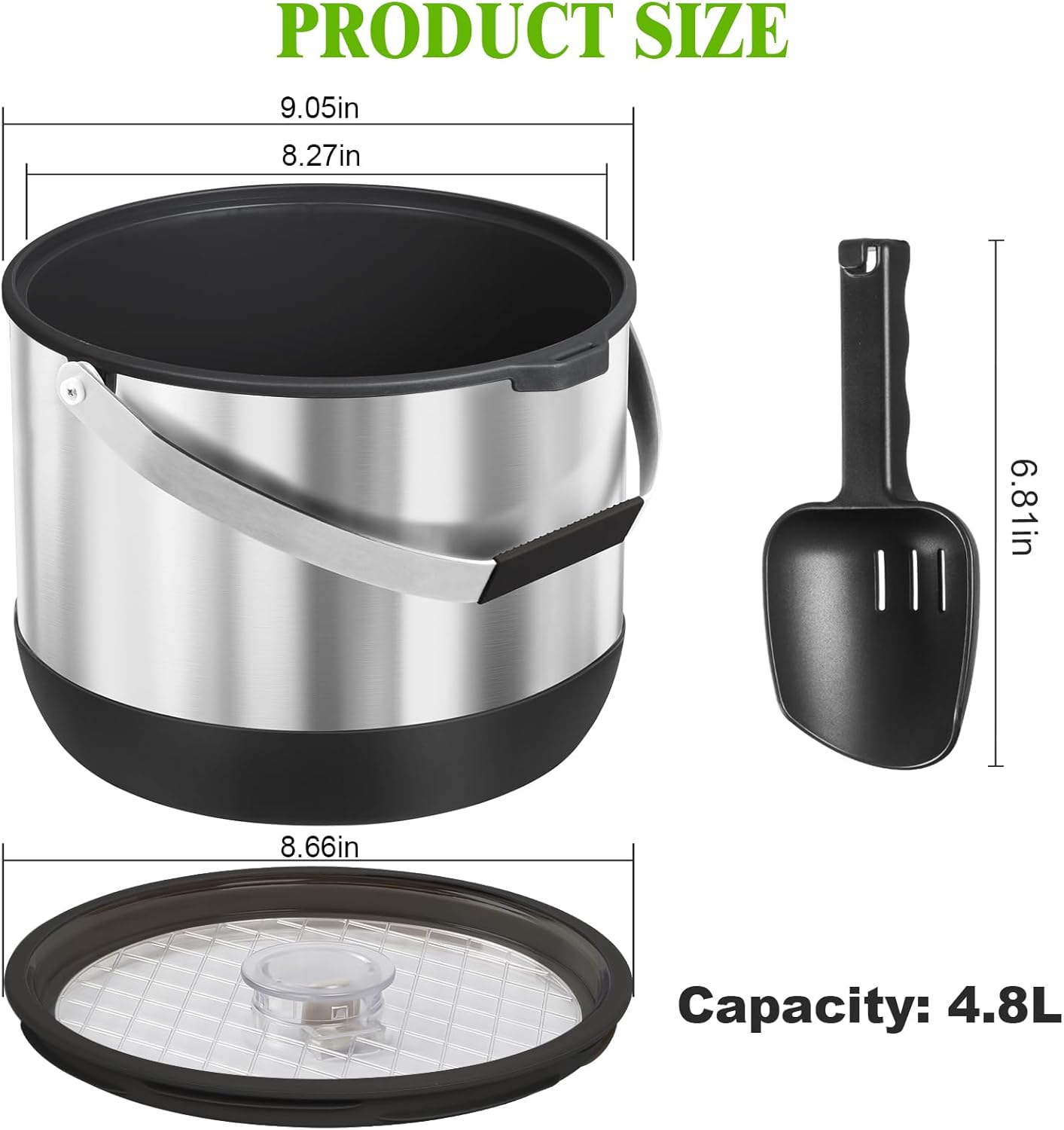 5QT/4.8L Double-Wall Insulated Ice Bucket with Scoop & Lid,Large Capacity Stainless Steel Beverage Bucket for Party Cocktail Bar, Champagnes (Black