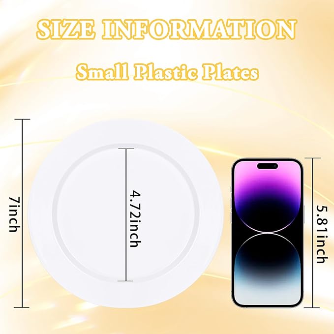 100Pcs White Plastic Dessert Plates, Disposable Salad PlateS, Premium Hard Fancy Small Plate, Heavy Duty Plastic Cakes Plate for Party, Wedding and Birthday