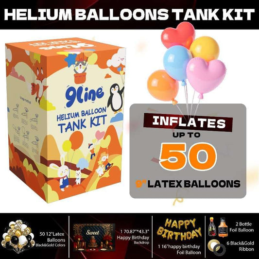Helium Tank for Balloons At Home 13L Helium Tank, 50 Pack12-lnch Black&Gold Latex Balloons, 15 Foil Balloons, 1 Happy Birthday 5.9X3.6Ft Backdrop, 8 Accessory Tools