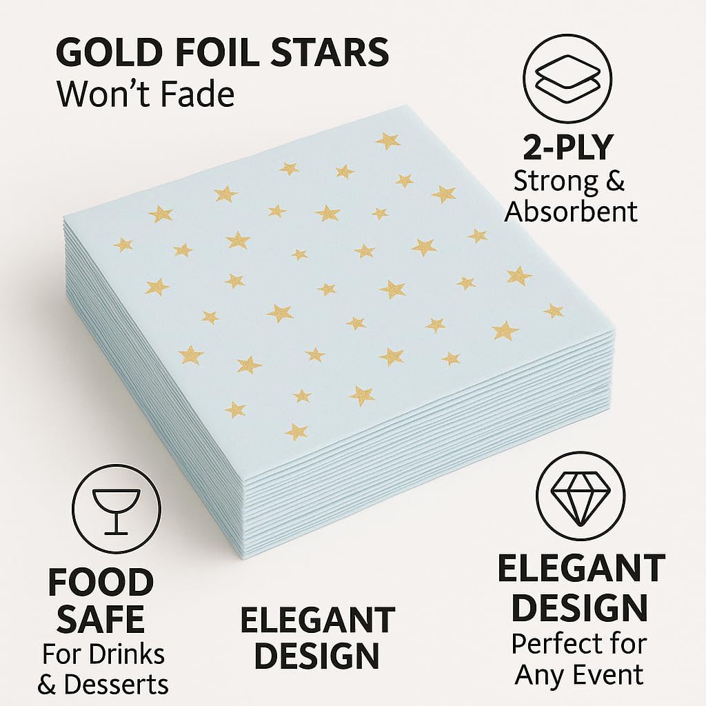 Blue and Gold Cocktail Napkins- 100 Pack 2-Ply Disposable Paper Napkins for Birthday Parties, Baby Showers, Weddings, and Special Events