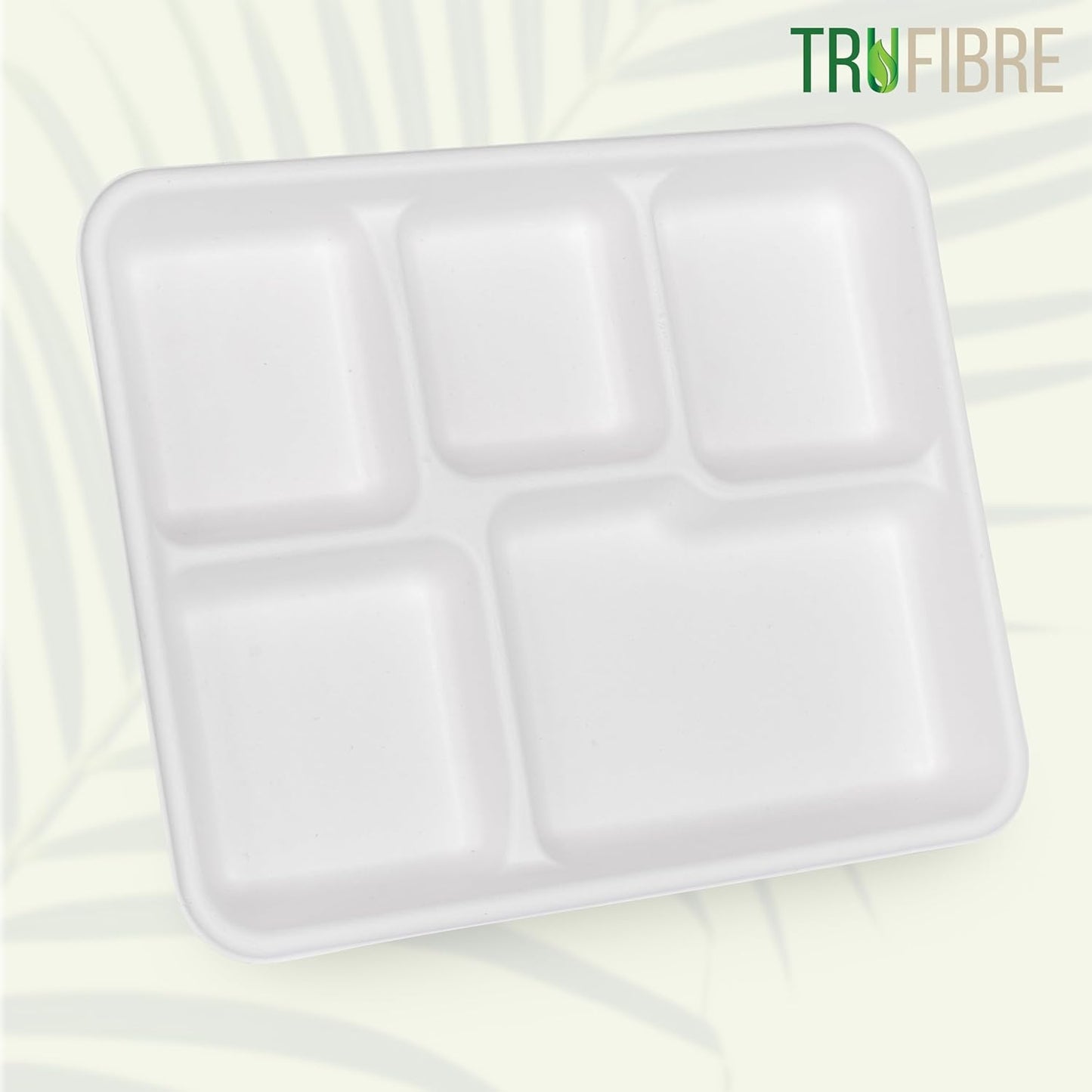 10.35x8.35 125 Pack 5 Compartment Plates, 100% Natural Disposable Biodegradable Plates, Lunch Trays for Cafeteria, Food, Meals, Dinner, Bulk