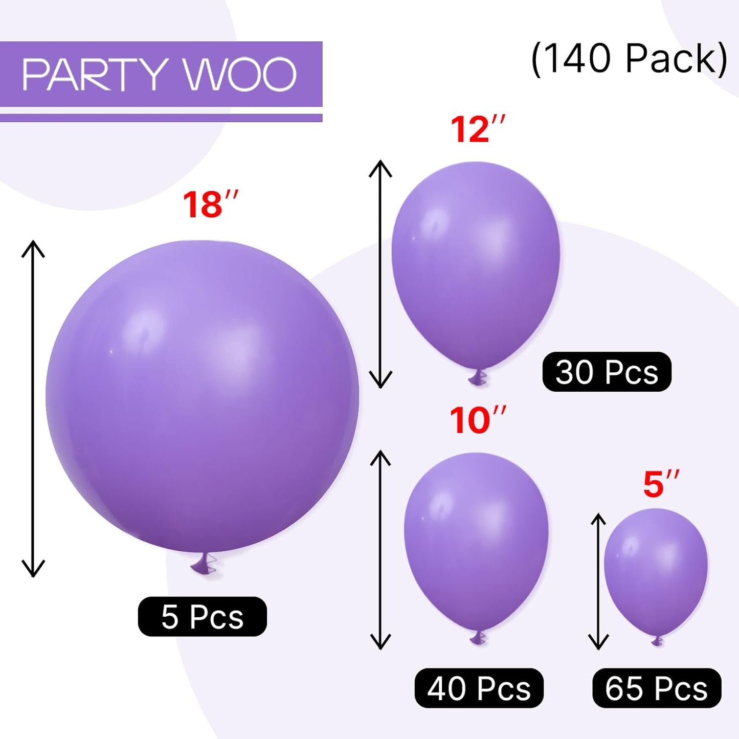 PartyWoo Purple Balloons 140 pcs Different Sizes of 18 12 10 5 Inch Light Purple Lavender Lilac Balloon Arch Kit Garland for Graduation Baby Shower Halloween Birthday Party Decorations Purple-Y15