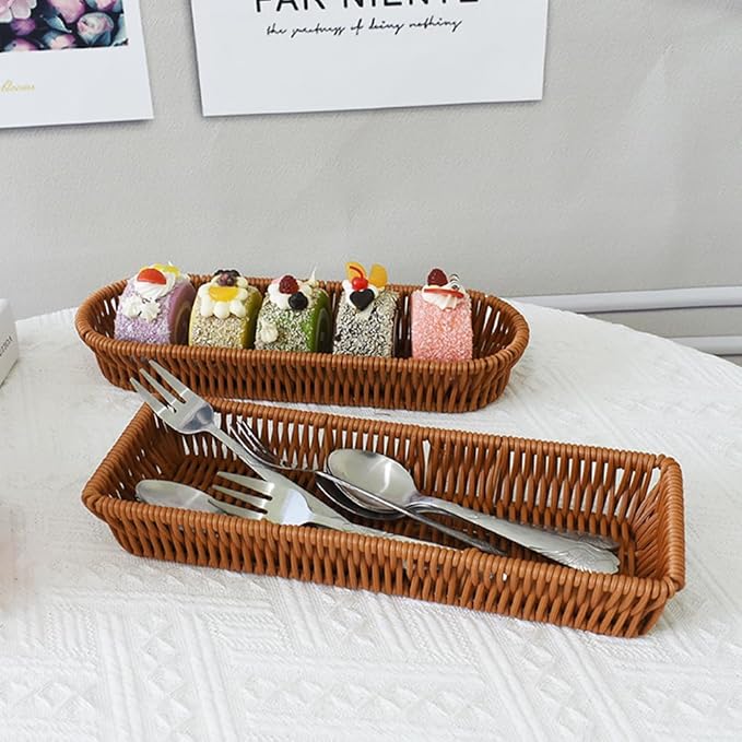 RT&BS Handwoven Utensil Basket, Artisan Mini Bread Basket, Flatware Storage Narrow Baskets for Farmhouse Kitchen, Rustic Dining Table Decor (2pcs, Rectangle)