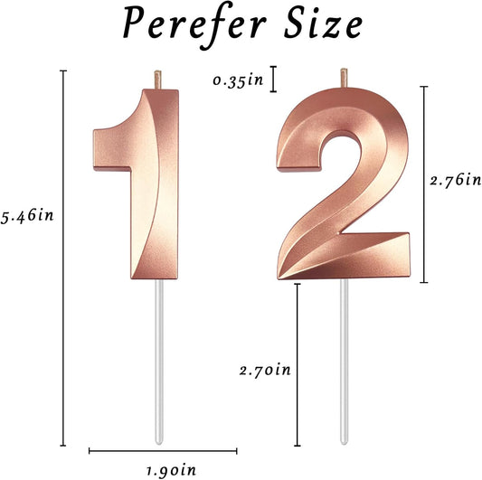 Rose Gold Number 12 Candles, 3D Diamond 2.76 Inch Cake Topper Birthday Candles for Wedding Anniversary Cake Decorations, Happy Birthday Party Decorations