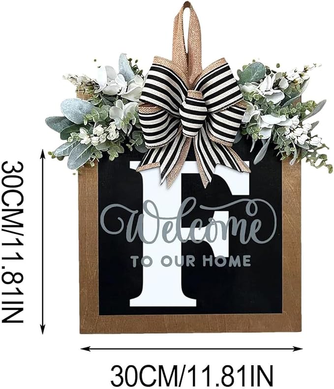 Last Name Year Round Front Door Wreath Front Porch Decoration 26 Letter Welcome Sign with Eucalyptus Garland and Bow Spring Wreaths for Front Door Outside Hanger Garland(F)
