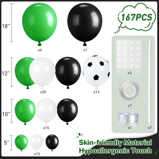 Black Green White Balloon Garland Arch Kit, 167Pcs Latex Balloons Different Sizes for Soccer Ball Theme Birthday Futbol Baby Shower Football Graduation Wedding Party Decorations