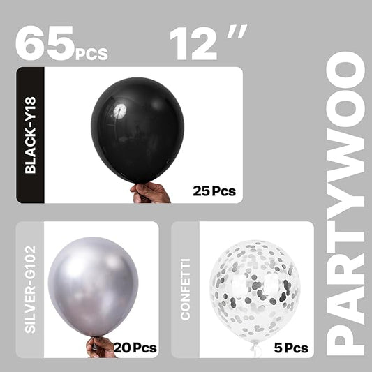 PartyWoo Black and Silver Balloons 65pcs 12 Inch Matte Black Metallic Chrome Silver Confetti Balloons for Graduation Baby Shower Men Birthday Wedding Anniversary New Year's Eve Party Decorations
