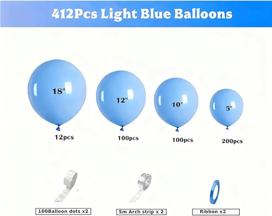 412pcs Light Blue Balloons Different Sizes 18 12 10 5 Inch, baby blue balloon Arch Kit for Birthday Gender Reveal Baby Shower Party Decoration