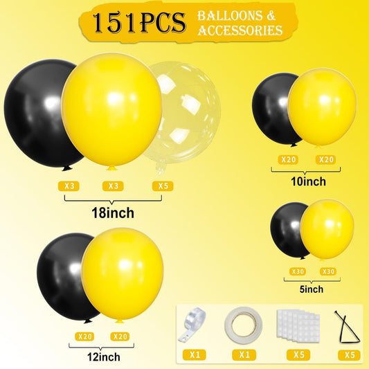Black and Yellow Balloon Arch Kit, 151Pcs Yellow Black Bobo Balloons Garland 18 12 10 5 inch for Baby Shower Birthday Bee Bumblebee Themed Party Decoration