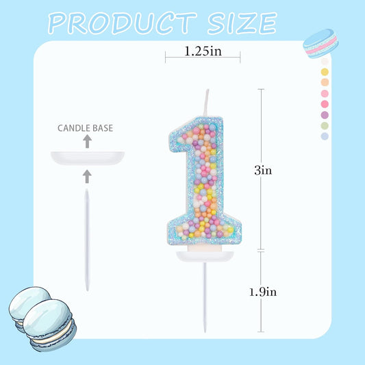 Birthday Candles - Number 1 Candle, Colorful Macaron Candles for Boys/Girls, Blue Cake Decorations, Theme Party Supplies