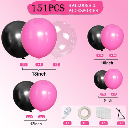 Black and Hot Pink Balloons Garland Arch Kit With Clear Bobo Balloons, 151Pcs Latex Balloons Different Sizes 18 12 10 5 inch for Valentine Day Birthday Holiday Party Decorations