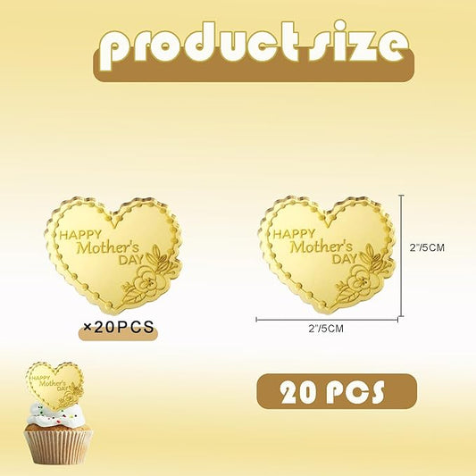 Furimuk 20 Pcs Mother's Day Heart Cake Topper, Gold Acrylic Mirror, Happy Mother's Day Cake Topper, Cupcake Decorations