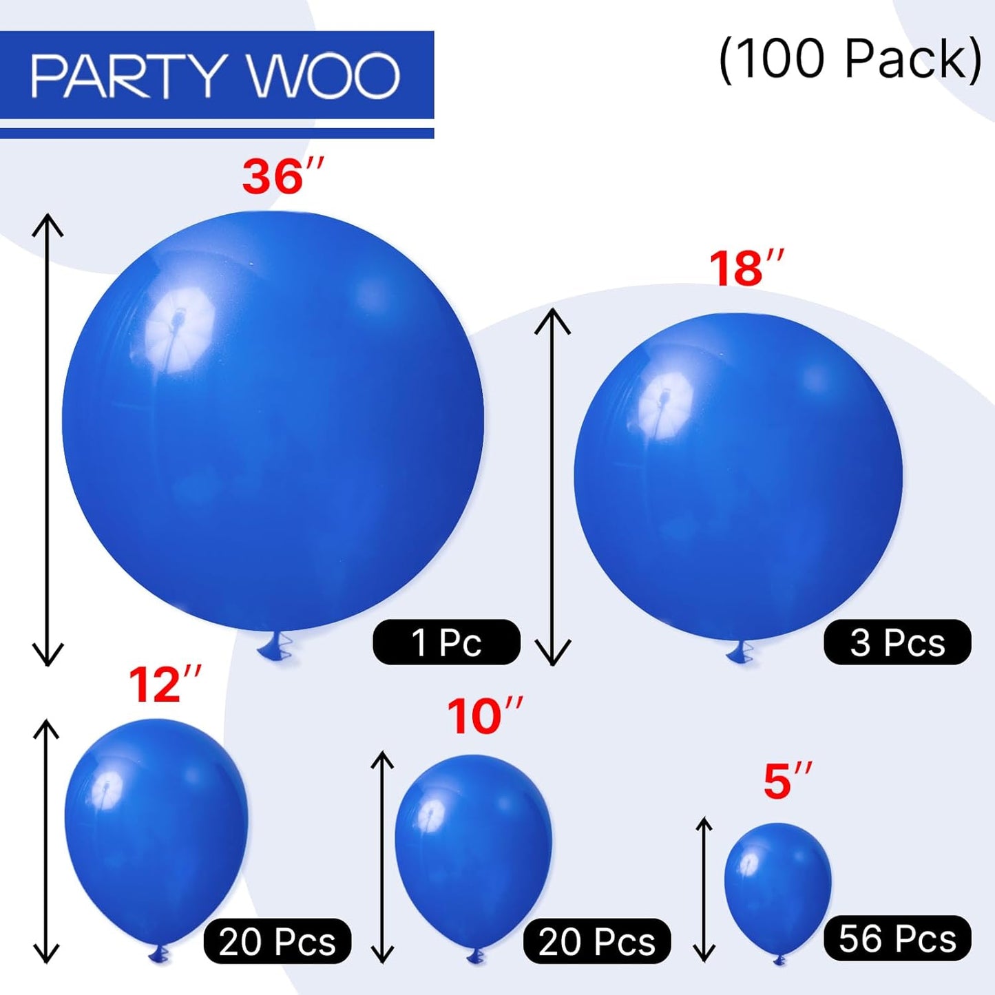 PartyWoo Royal Blue Balloons 100 pcs Different Sizes of 36 18 12 10 5 Inch Dark Blue Matte Balloon Arch Kit Garland for Graduation 4th of July Baby Shower Birthday Party Decorations Blue-Y59