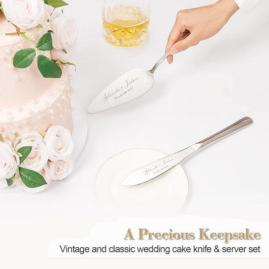 Cake Cutting Set for Wedding, Personalized Wedding Cake Knife and Server Set, Vintage Engraved 2-Piece Pie Cake Cutter Serving Set, Custom Bridal Anniversary Birthday Quinceañera Gift(Silver)