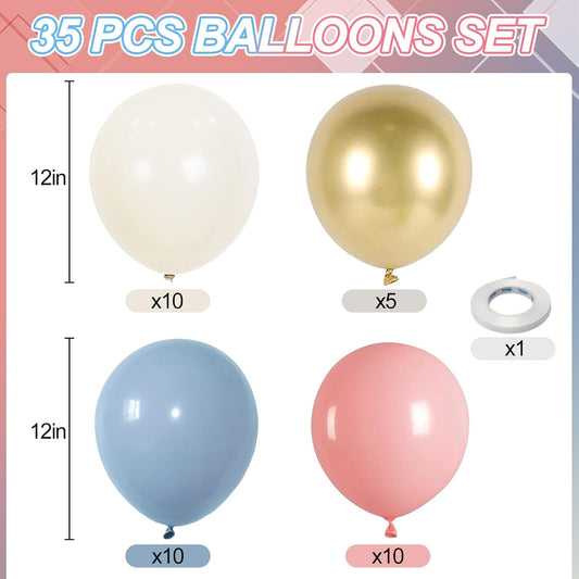 Gender Reveal Balloons, 12 Inch Dusty Pink Blue White Sand and Gold Balloons for Boho Neutral Baby Shower Birthday Party Boy or Girl Gender Reveal Decorations