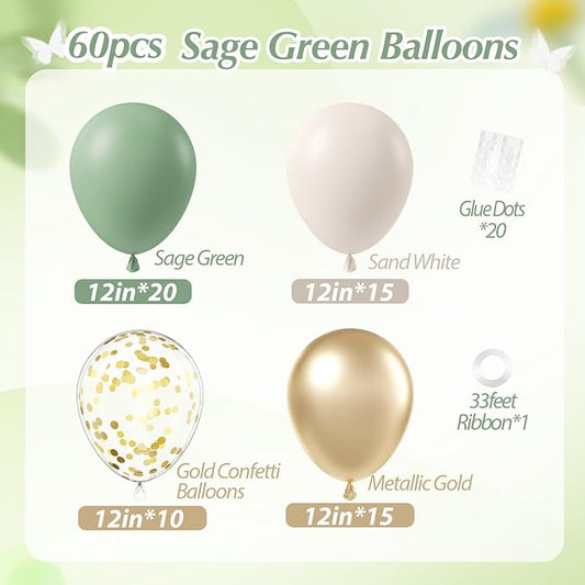 Sage green Balloons, 60pcs 12inch Sage green Sand White Metallic Gold Confetti Balloons for Boho Birthday Wedding Bridal Baby Shower Engagement Party Decorations