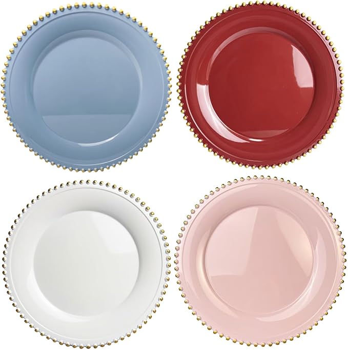 Blue Beaded Charger Plates, 13 Inch Plastic Round Chargers for Dinner Plates, Party, Wedding, Birthday.Set of 6