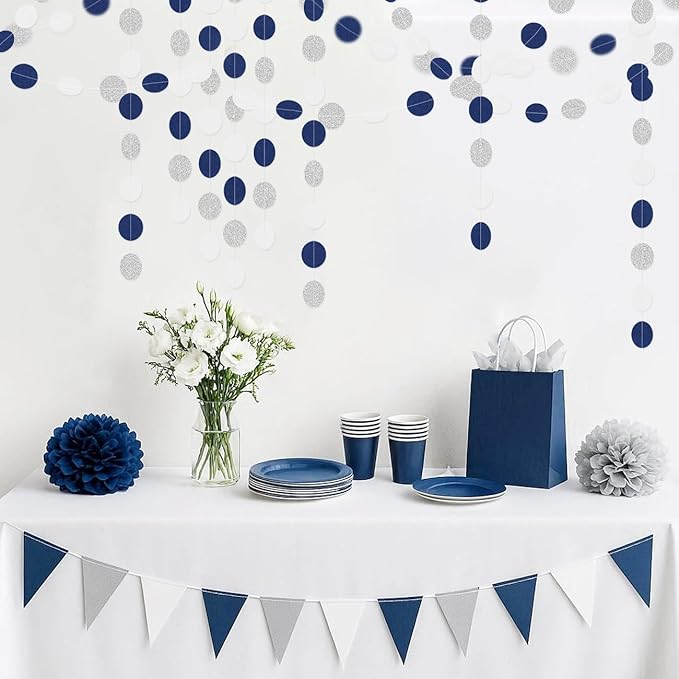 Silver Navy-Blue White Birthday-Party-Decorations - 52Ft Paper Garland Circle Dots Streamer Graduation Banner Christmas Decoration Baby Shower Bridal Engagement Bachelorette Hanging Decor HongTongTong