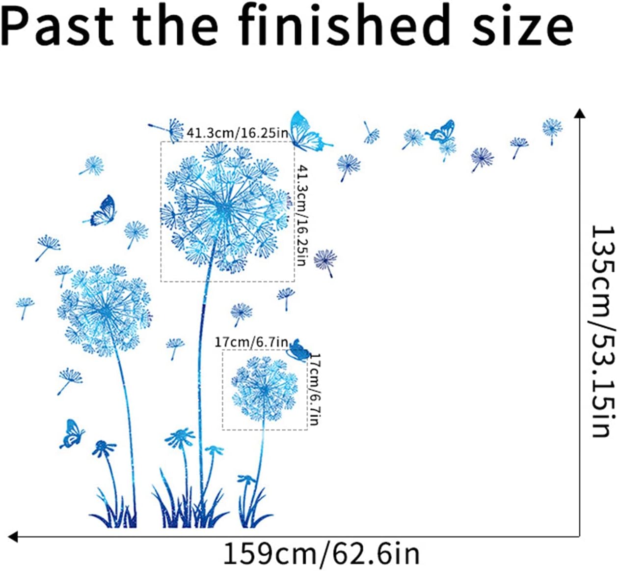 2 Set Dandelion Wall Decals - Blue Flower Stickers, Murals, Butterflies Decor for Bedroom, Office, Bathroom, Living Room - Floral Removable Peel and Stick Room Decoration