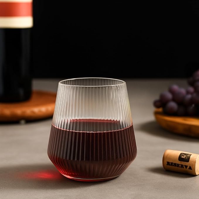 PLASTICPRO Plastic Wine Glasses Stemless Disposable 12 oz BPA Free Shatterproof Plastic Wine Cups for Parties (12, Ribbed Clear)