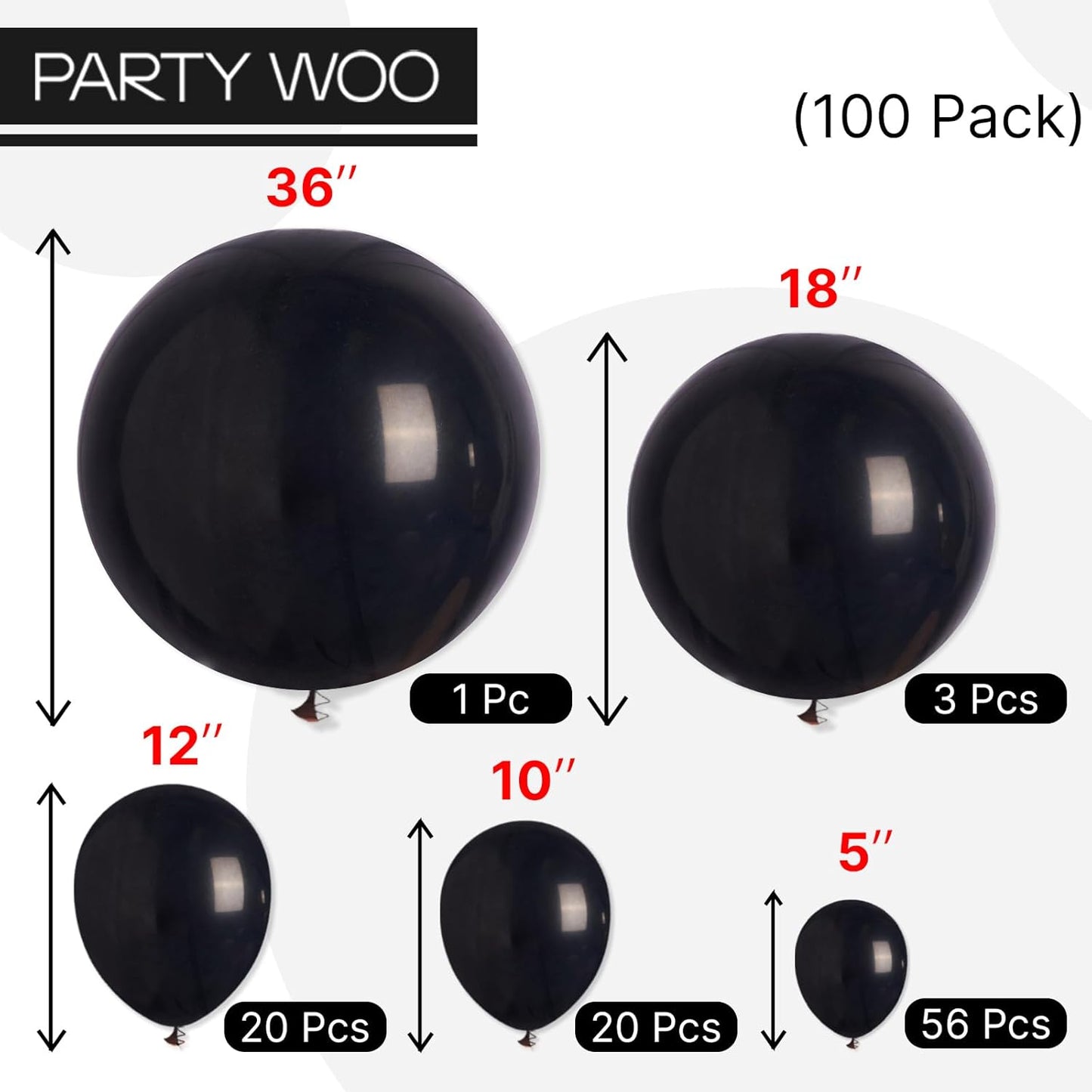 PartyWoo Black Balloons, 100 pcs Matte Black Different Sizes Pack of 36 Inch 18 Inch 12 Inch 10 Inch 5 Inch Black for Balloon Garland or Balloon Arch as Party Decorations, Black-Y18