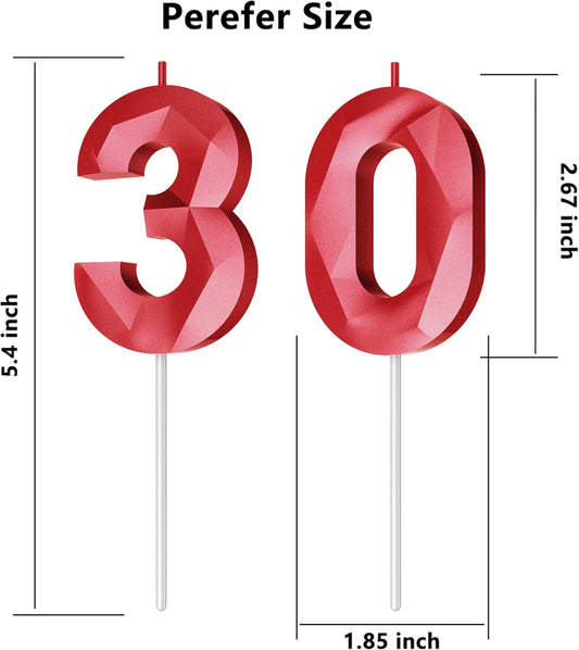 Number Birthday Candles(30 Candle Red) 3D Diamond Shape Number Happy Birthday Cake Candles for Birthday Party Wedding Decoration Reunions Theme Party