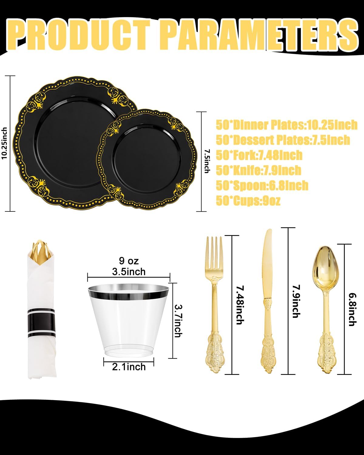 Ciaell 350 PCS Black Plastic Plates - Black and Gold Plates - Black Disposable Plates Include 50 Disposable Plate, 150 Heavy Duty Silverware, 50 Cups, 50 Napkins for Wedding & Party & New Year