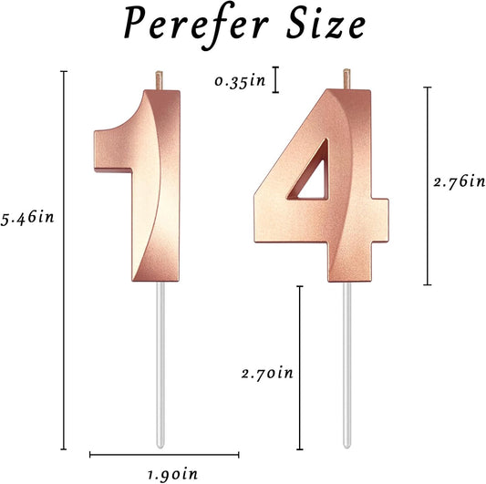 Rose Gold Number 14 Candles, 3D Diamond 2.76 Inch Cake Topper Birthday Candles for Wedding Anniversary Cake Decorations, Happy Birthday Party Decorations