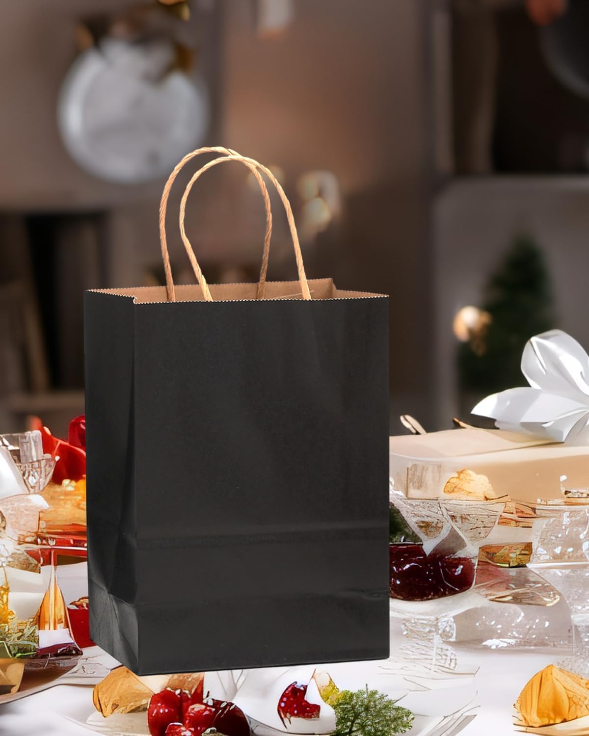 qiqee 30-Packs Black Gift Bags with Handles Bulk 10.8"x8.3"x4.3" Medium Size Kraft Paper Bags Multiple Uses (Medium Size)