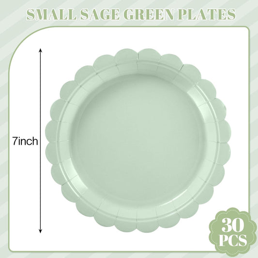 30 Pcs Dessert Plates Disposable, 7 Inch Scalloped Sage Green Cake Plates Small Birthday Appetizer Plate Cute Sage Green Paper Plate for Baby Bridal Shower, Wedding
