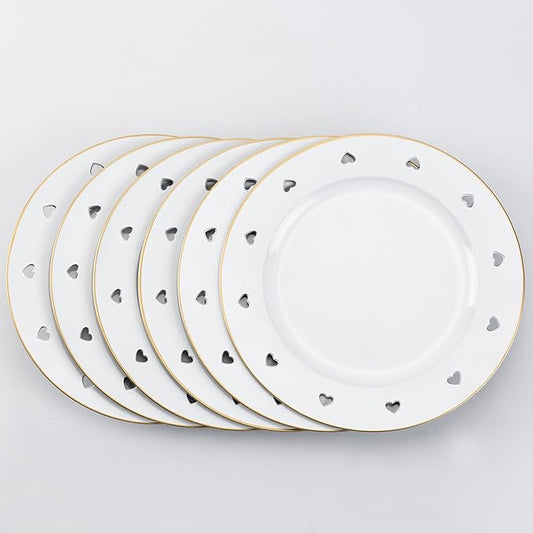 13" Round White Charger Plates, Heart Hollow Chargers for Dinner Plates with Golden Border, Formal Table Setting Accessory Centerpiece Bluk Wedding, Valentine's Day, Galentine's Day, Easter Set of 6
