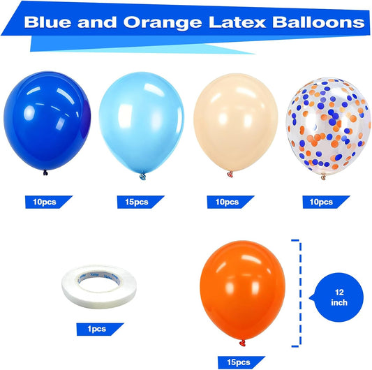 Bezente Orange and Blue Balloons Kit, 60pcs 12 inch Light Royal Blue Nude Latex Balloons Orange Confetti Helium Balloons for Kids Birthday Baby Shower Anniversary Graduation Themed Party Decorations