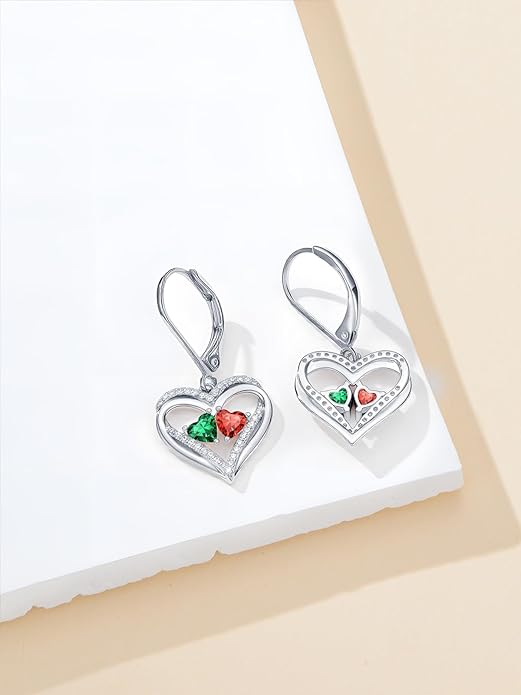 Valentines Day Gifts for Women, Heart Leverback Earrings Double Birthstone Dangle Earrings for Women, Love Jewelry for Her, Anniversary Birthday Gift for Mom Wife Girlfriend