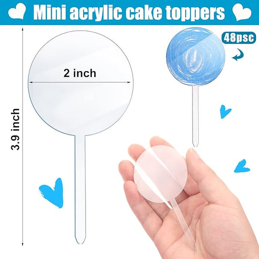 Yulejo 48 Pcs 2 Inch Blank Cupcake Toppers Sticks DIY Circle Clear Cupcake Picks Make Your Own Mini Cake Topper Sticks for Birthday Wedding Baby Shower Festival