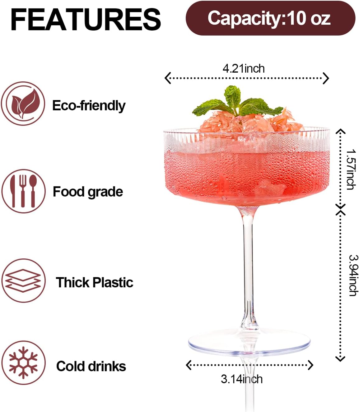 Ciaell 12PCS Plastic Ribbed Martini Glasses - 10 Oz Disposable Coupe Glasses with Stem - Heavy Duty Margarita Cups for Bars, Cocktails, Whiskey, Parties & Wedding