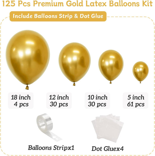 Gold Balloon Arch Kit, 125 Pcs Gold Balloons Different Sizes 18 Inch 12 Inch 10 Inch 5 Inch Metallic Gold Balloons Garland for Birthday Baby Shower Wedding Graduation Party Decoration