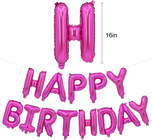 TONIFUL Hot Pink Happy Birthday Balloons Banner, 16 Inch Mylar Foil Letters Birthday Sign Bunting Reusable for Girls Boys Kids & Adults Birthday Decorations and Party Supplies