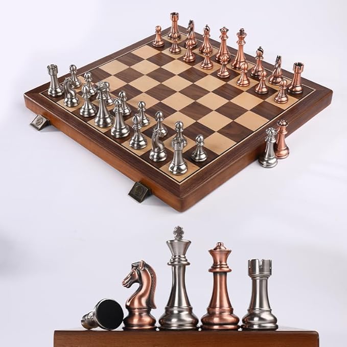 15 Inch Walnut Chess Board Set for Adults Kids Metal Chess, Folding Portable Travel Chess Game for Tournament Professional Beginner with Manual