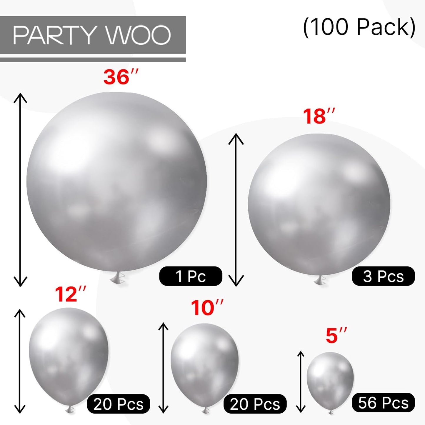 PartyWoo Metallic Silver Balloons 100 pcs Different Sizes Pack of 36 18 12 10 5 Inch Chrome Silver Balloon Arch Kit Garland for Graduation New Year Wedding Birthday Party Decorations Silver-G102