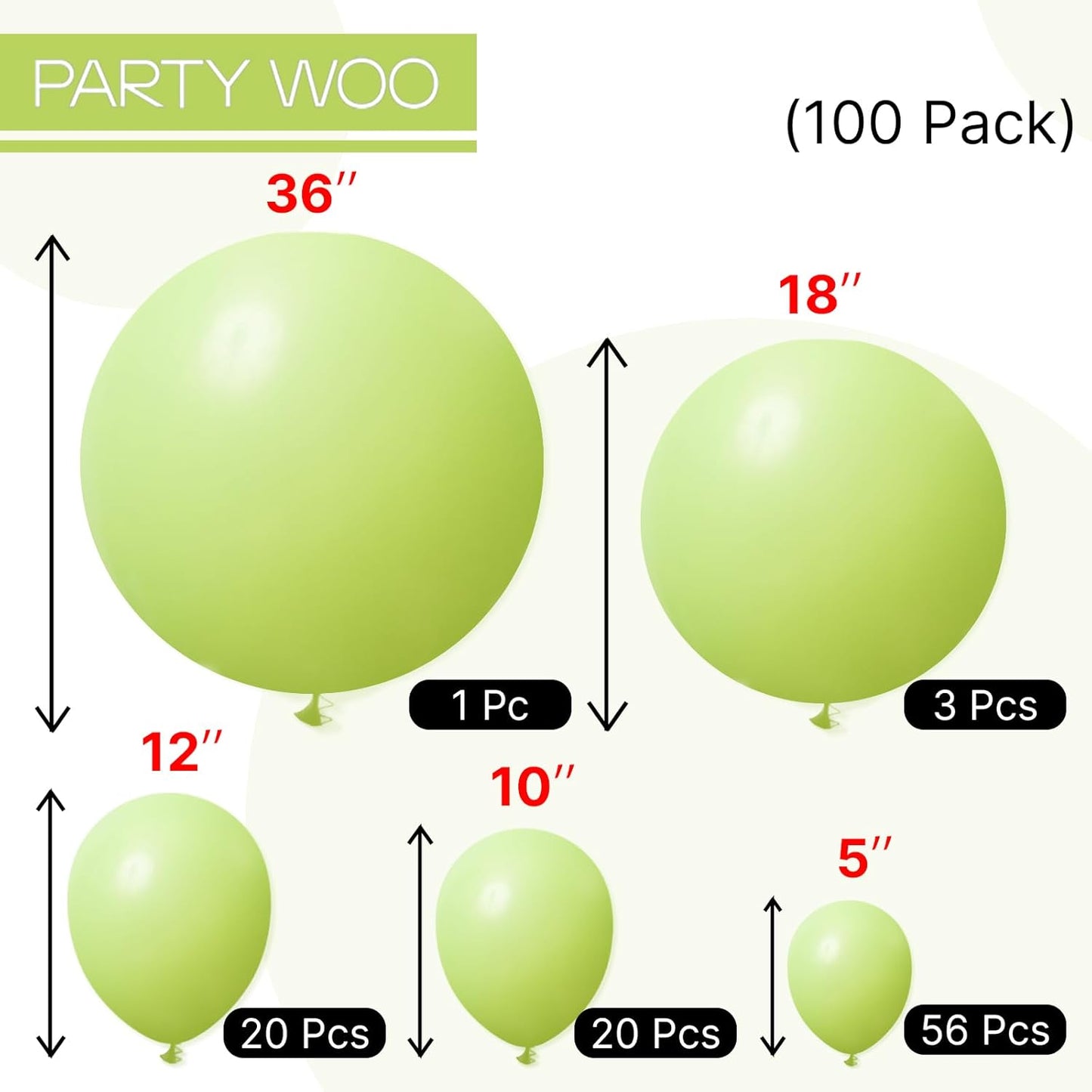 PartyWoo Lime Green Balloons 100 pcs Different Sizes of 36 18 12 10 5 Inch Neon Yellowish Light Green Latex Balloon Arch Kit Garland for Graduation Halloween Summer Birthday Party Decorations Green-Y6